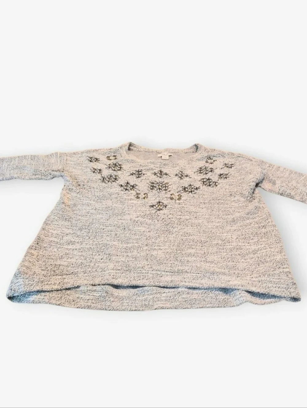 Lucky Brand Lucky Lotus Brass Studded Crewneck Pullover Sweater Marl Heather Gra